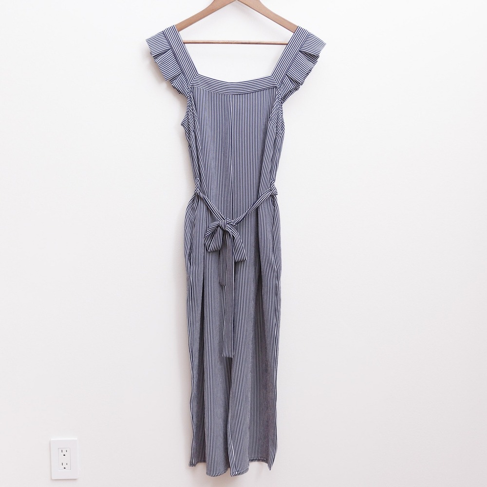 Monteau Los Angeles Navy White Striped Ruffle Wide Leg Jumpsuit Small
